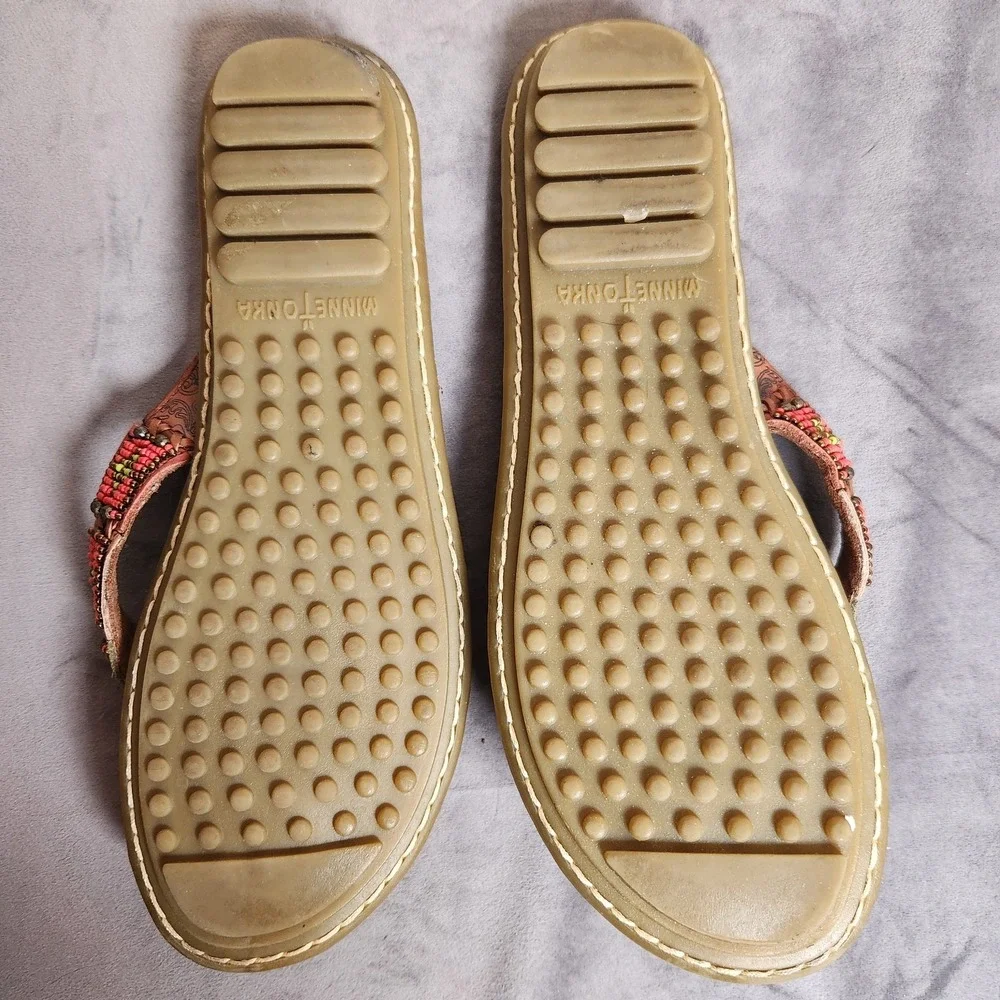Minnetonka Ibiza Beaded Aztec Boho Orange Sandals Womens 10 Suede Leather Thong